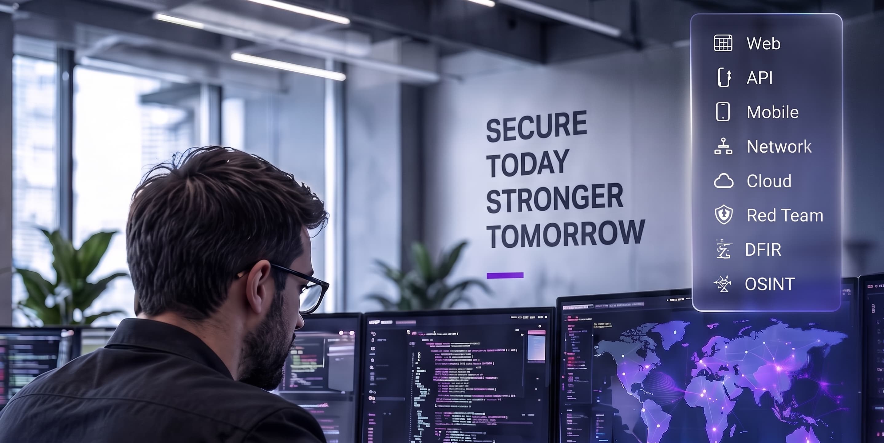 Cybersecurity professional analyzing application, network, cloud, mobile, and threat intelligence systems